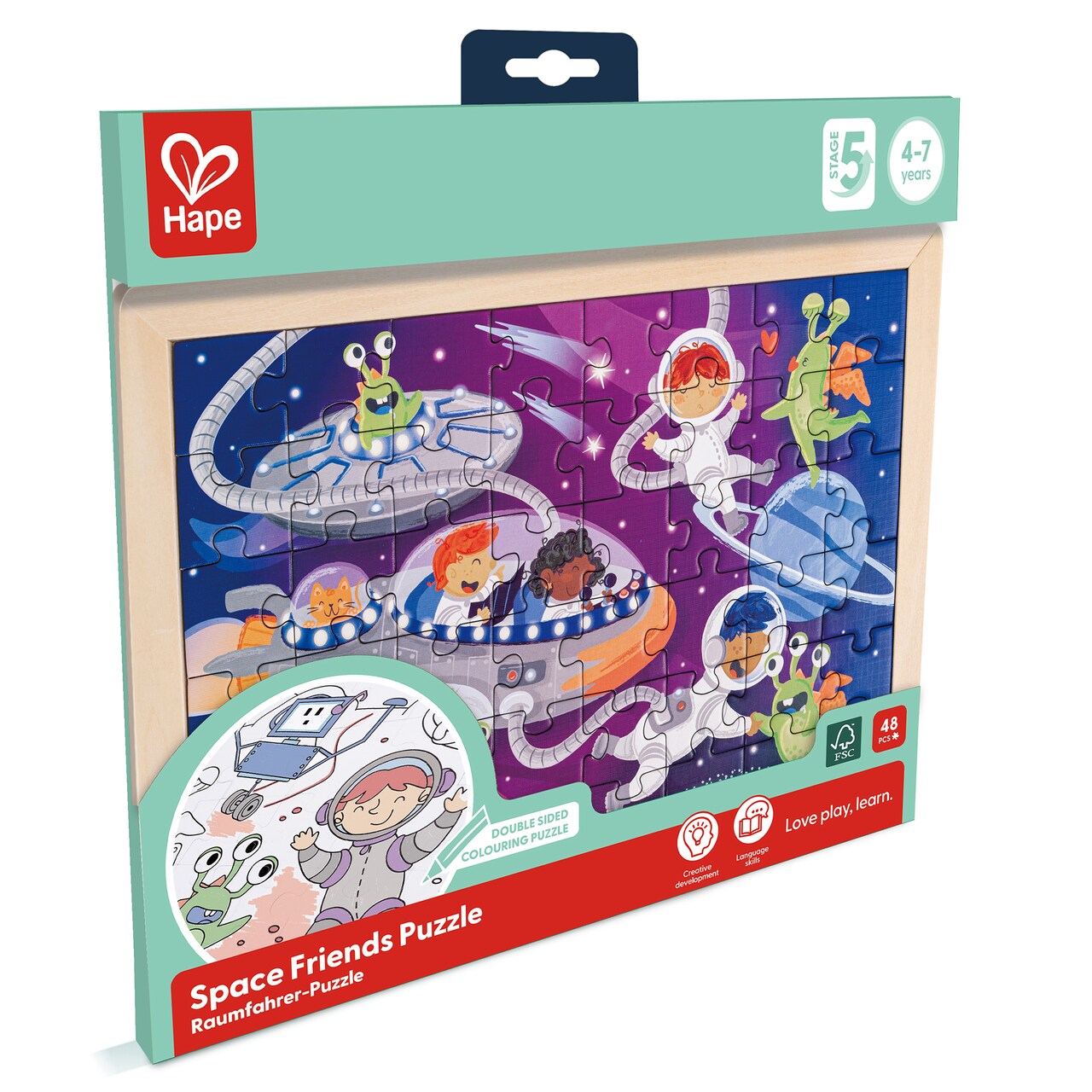 Hape: Space Friends Puzzle - 48pc, Double-Sided Coloring Puzzle, 1 Side Pre-Colored Picture - 1 Side Outline Scenic Image To Color In, Kids Ages 4+